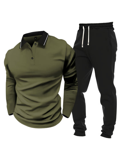 Տղամարդու առօրյա, գունային բլոկներով երկար թևքերով, կոճակներով վերնաշապիկ և լարով վազող տաբատ՝ պոլիեսթերի խառնուրդով, գրպաններով, իդեալական է գարնան/աշնան համար