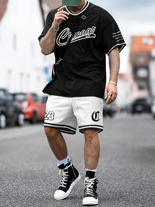 Տղամարդու հագուստ, Չիկագոյի գրաֆիկական նախշերով, կարճ թևքերով, կարճ շապիկ և շորտեր, 2 մասից բաղկացած հավաքածու՝ ամառային բացօթյա գործունեության համար