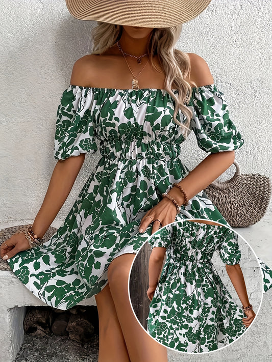Leaves Print Off Shoulder Aline Dress, Vacation Style Short Sleeve Swing Dress For Spring & Summer, Women's Clothing - ayq