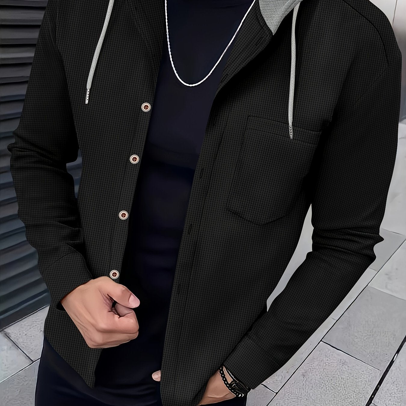 Տղամարդու առօրյա գլխարկով բաճկոն - փափուկ, շնչող պոլիեսթերից՝ կոճակներով դիզայնով և գրպաններով | Հիանալի է գարնանային, աշնանային և բացօթյա գործունեության համար, երկար թևքերով, նորաձև, ամենօրյա, հանգստի ոճով, ավանդական տարբերակով