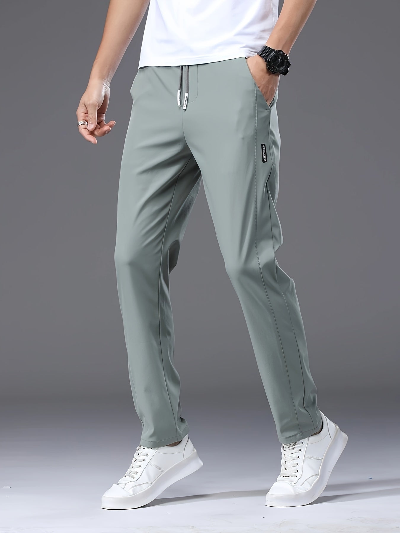 Men's Slim Fit Casual Drawstring Sports Pants, Summer Lightweight Trendy Elastic Quick-Dry Long Trousers, Stylish Comfortable Leisure Wear