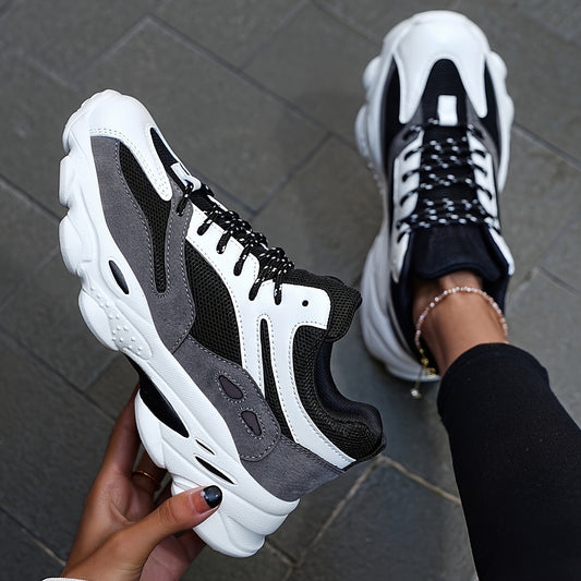 Thick Sole Shock Absorption Chunky Sneakers, Mesh Breathable Lightweight Lace Up Running Shoes, Low Cut Wear Resistance Sport Shoes
