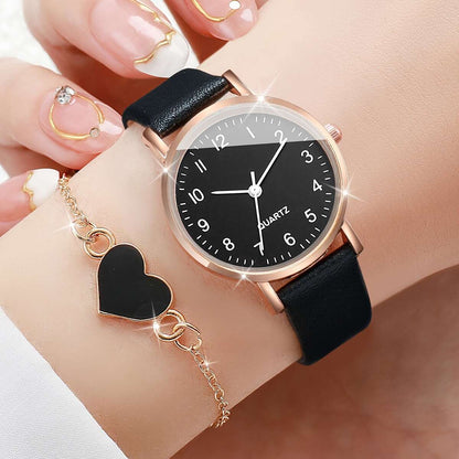 4pcs/set Elegant Women'S Quartz Watch and Heart Charm Bracelet Combo, Simple Fashion Analog Dial, Alloy Case, Faux Leather Strap, Round Shape - Battery Operated (Boxes Not Included) - Ayq
