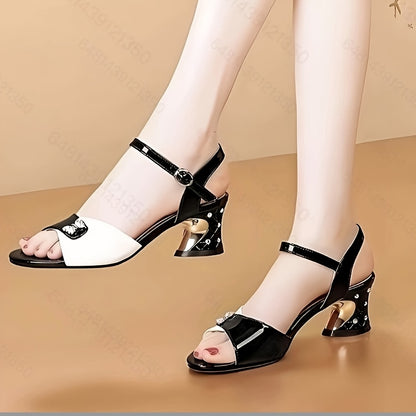 Women'S Fashion Solid Color Mid Heel Block Heel Open Toe Buckle Sandals, PU Upper, PU Insole, Rubber Sole, Hand Wash, for Women