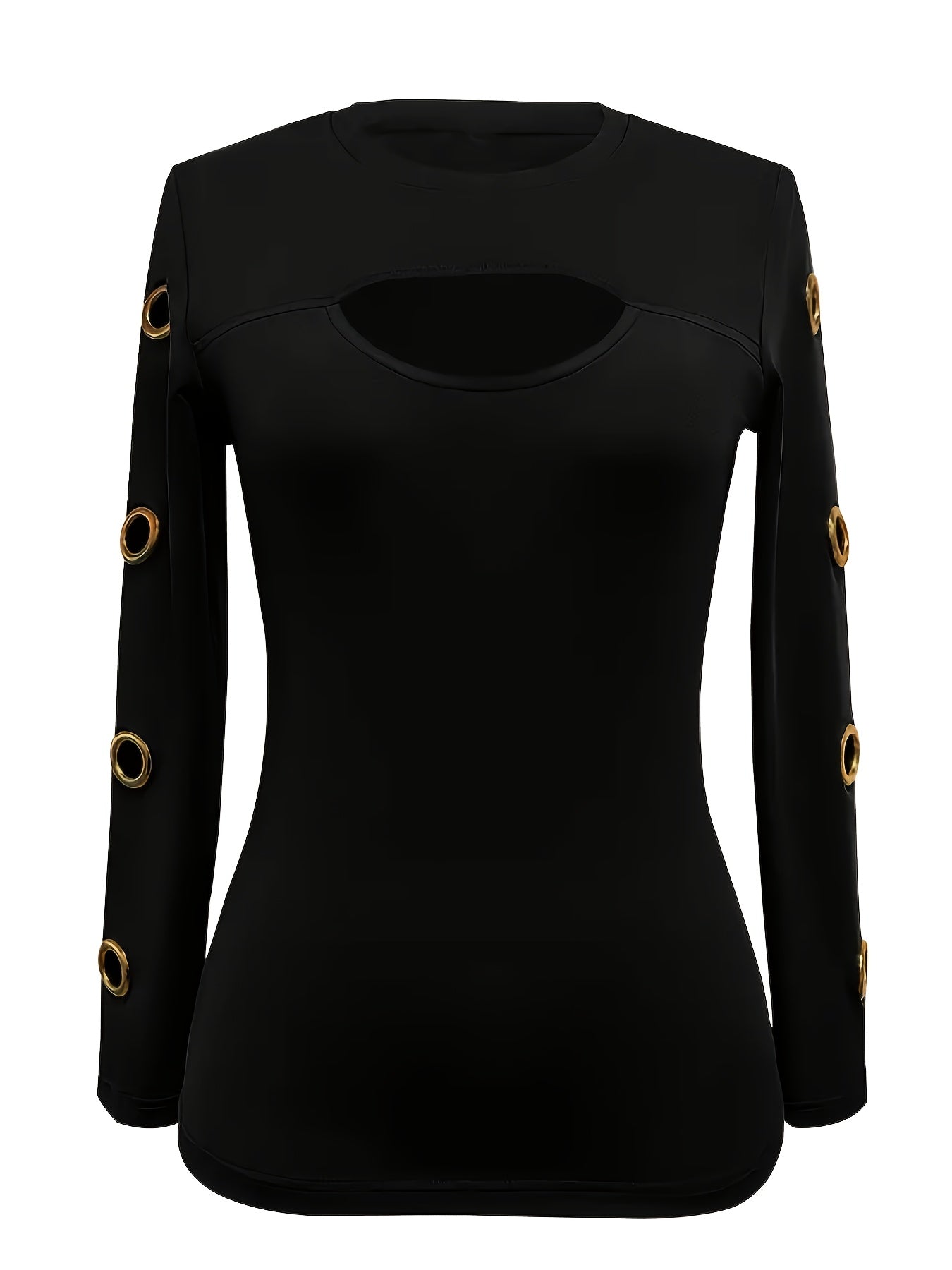 Women's Elegant Black Long Sleeve T-Shirt with Golden-Tone Circular Buttons - Round Neck Medium Stretch Top for Spring & Fall, Solid Color Regular Fit Casual to Semi-Formal Wear, Transitional Season Clothing, Sophisticated Bu