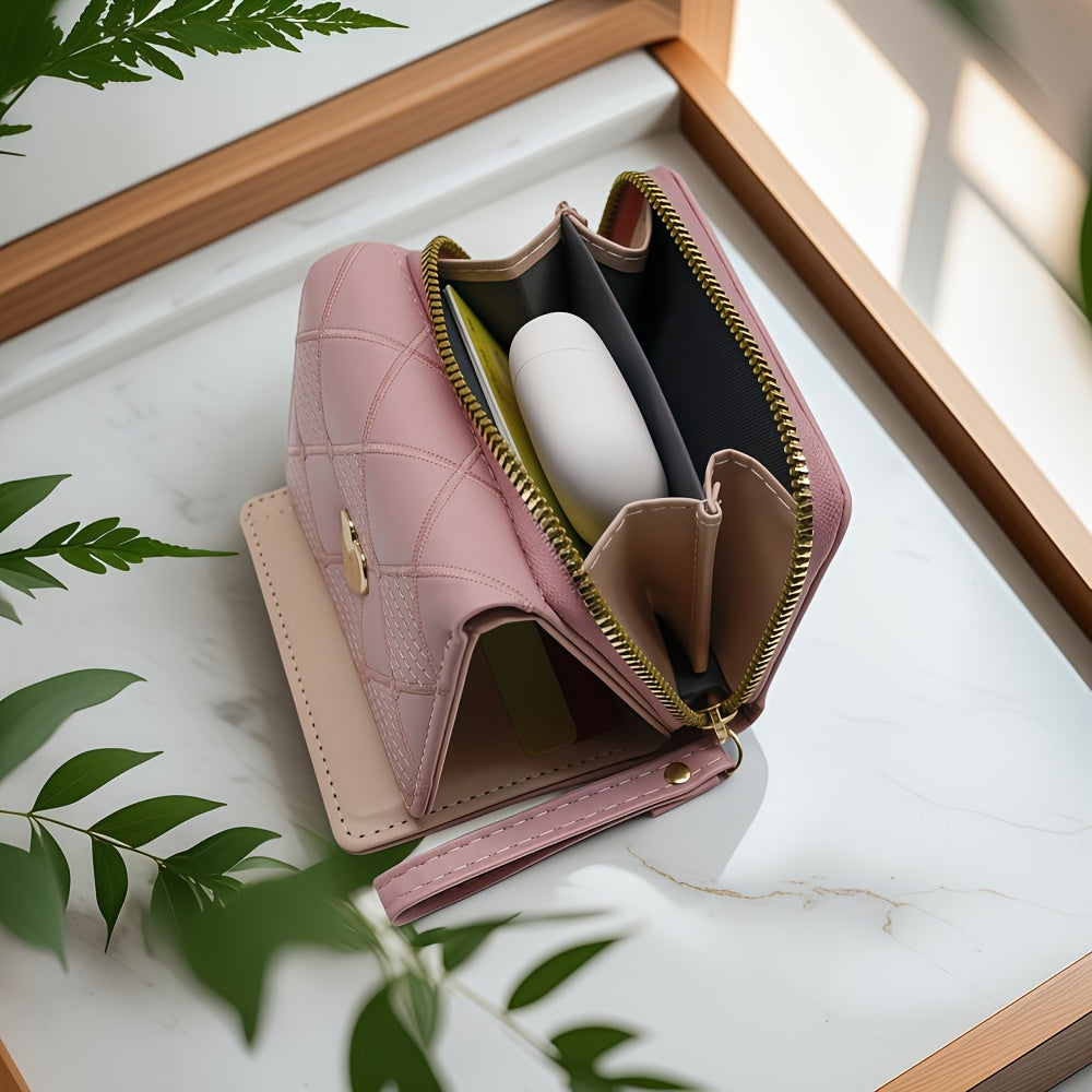 Fashion Rhombus Heart Pattern Tri-Fold Multi-Card Slot Zippered Compartment Multi-Functional Portable Mini Women's Wallet