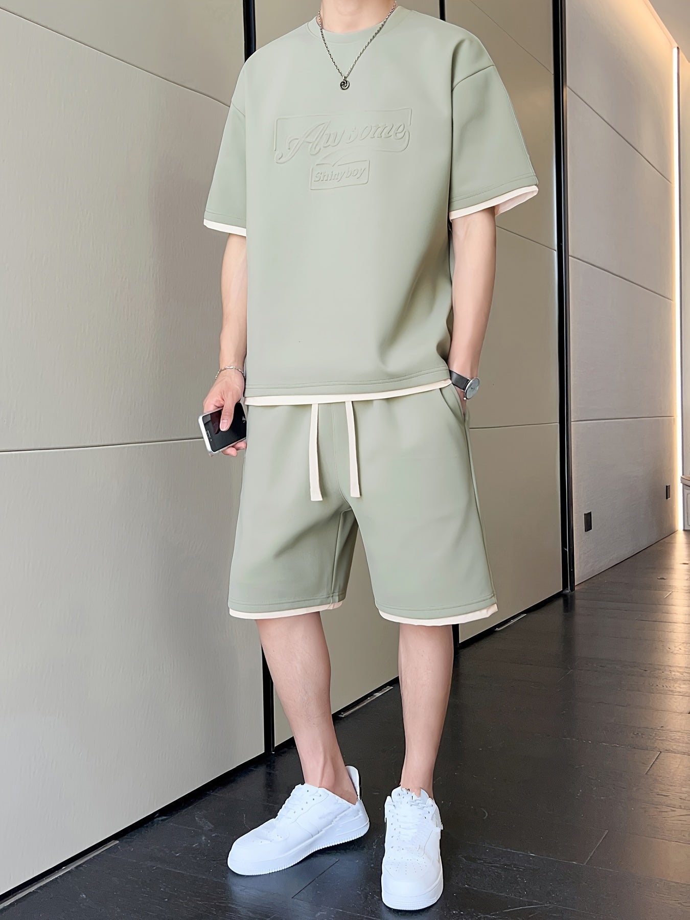 Men's Casual Fashion Sportswear Set - Light Gray "DREAMS" Print T-Shirt & Shorts, 100% Polyester, Machine Washable, Summer Outfit - ayq