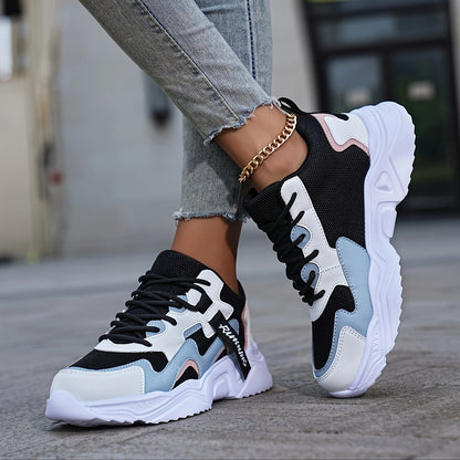 Women's Casual Color Blocking Design Non-slip And Wear Resistant Sneakers, Trendy And Comfortable, Versatile Height Increasing Thick Soled Sports Shoes