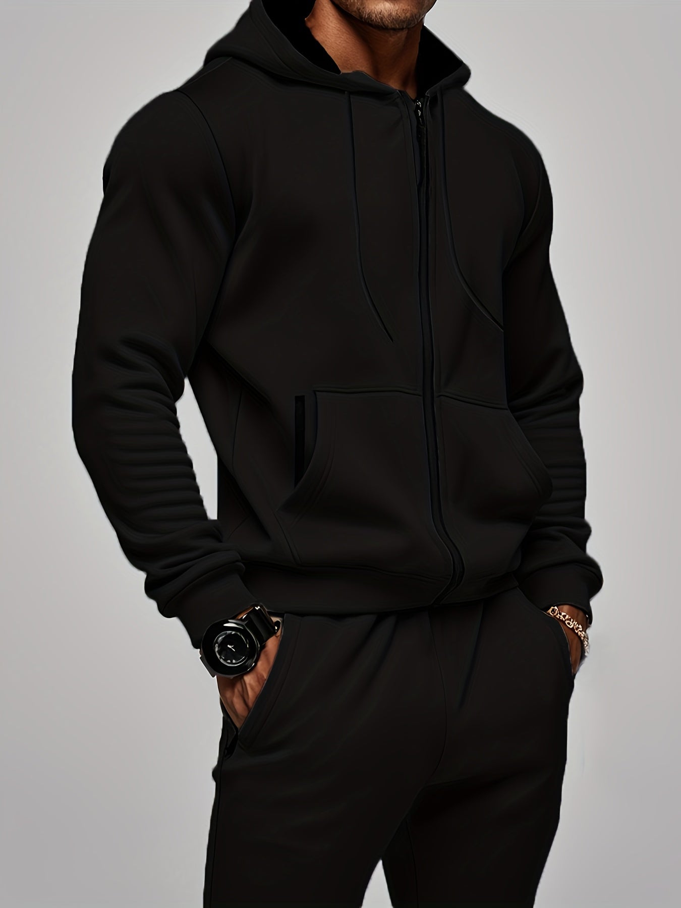 2 հատ տղամարդու միագույն երկարաթև սվիտերի և տաբատի հավաքածու՝ գլխարկով, ամենօրյա սպորտային և ֆիթնես հավաքածու