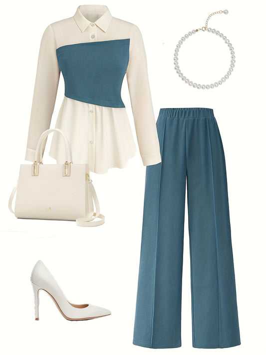 Elegant daily commuting two-piece set for ladies, featuring a color-blocked and pieced-together shirt and wide-leg trousers, suitable for all four seasons and machine washable. - ayq
