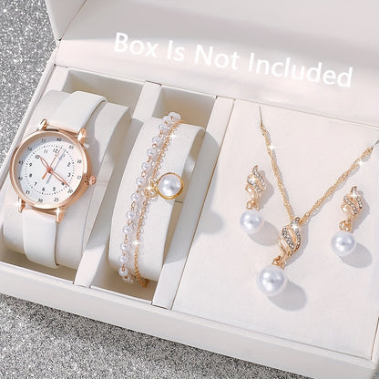 Elegant 5pcs Women's Quartz Watch & Jewelry Set - Round, Faux PU Leather Strap, Zinc Alloy Case - Perfect Gift for Valentine's, Easter, Birthdays, Christmas - Ayq