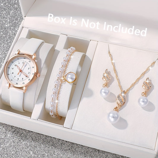 Elegant 5pcs Women's Quartz Watch & Jewelry Set - Round, Faux PU Leather Strap, Zinc Alloy Case - Perfect Gift for Valentine's, Easter, Birthdays, Christmas - Ayq
