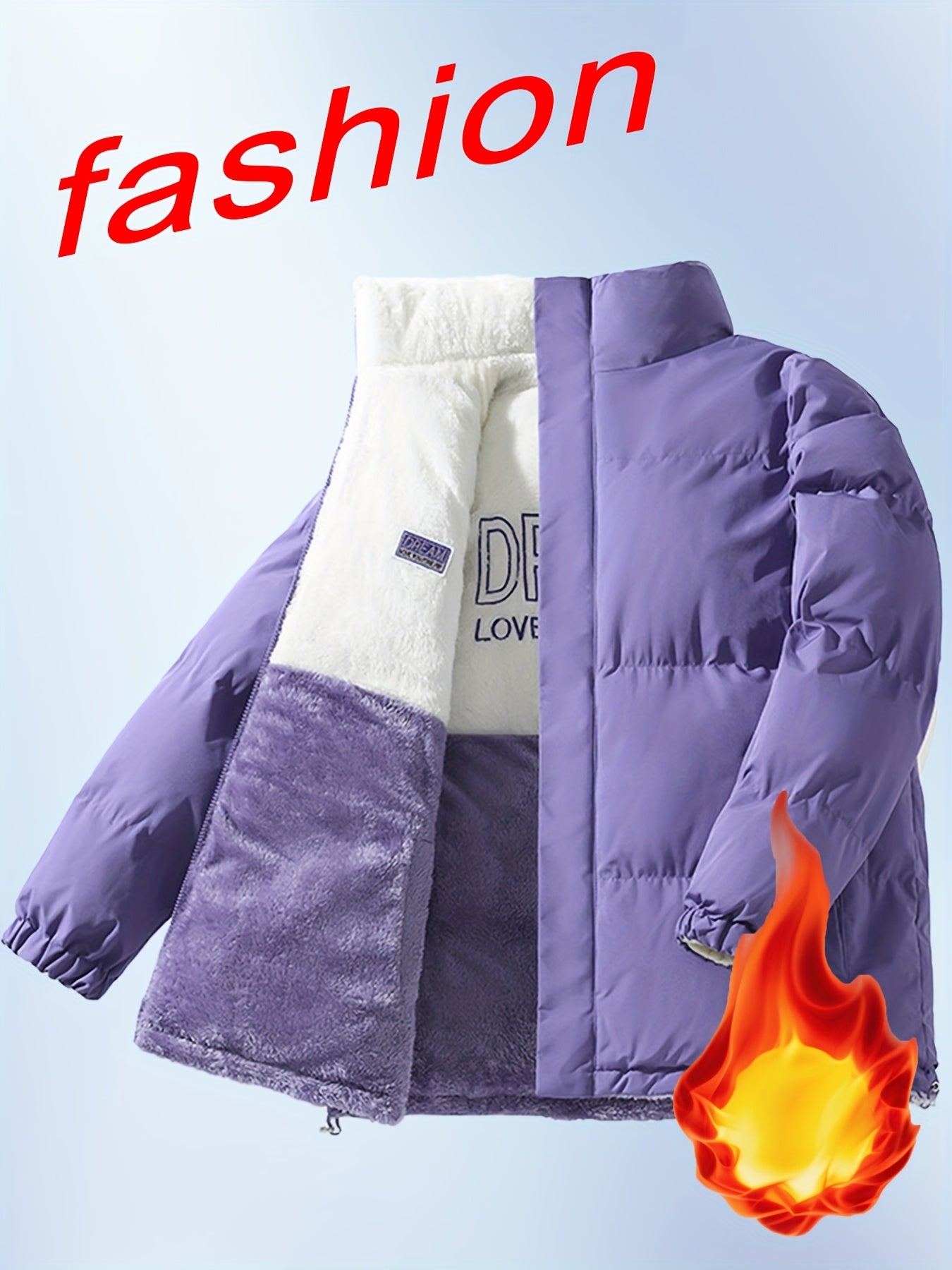 Men'S Double-Sided Fleece-Lined Thickened Jacket - Casual Stand Collar with Letter Print, Regular Fit, Pockets, Polyester Fill, Versatile for Fall/Winter, Winter Jacket