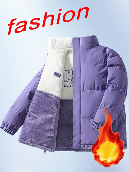 Men'S Double-Sided Fleece-Lined Thickened Jacket - Casual Stand Collar with Letter Print, Regular Fit, Pockets, Polyester Fill, Versatile for Fall/Winter, Winter Jacket