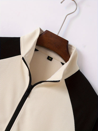 Տղամարդու սպորտային գունային բլոկով կայծակաճարմանդով բաճկոնի և վազքի տաբատի հավաքածու - պոլիեսթերի խառնուրդ, իդեալական է գարնան/աշնան համար