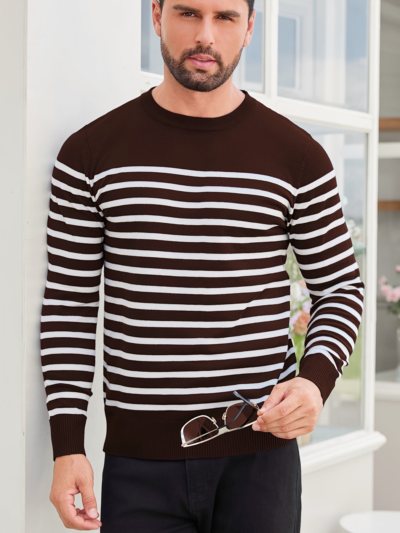 Գարնանային և աշնանային ամենօրյա երկգույն գծավոր տղամարդու սվիտեր-պուլովեր՝ գունավոր բլոկներով, կլոր վզնոցով, տղամարդու տրիկոտաժե վերնաշապիկ