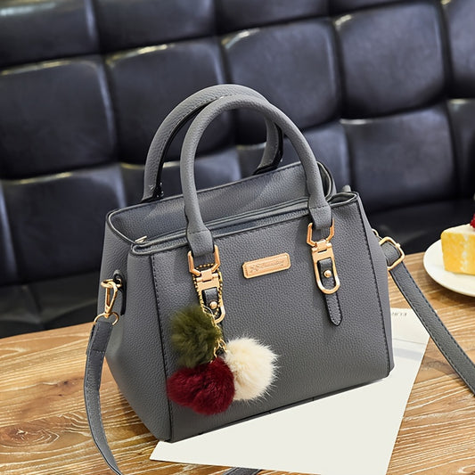 Classic Solid Color Crossbody Bag, Trendy Elegant All-Match Top Handle Satchel Bag with Pom Pom Decor