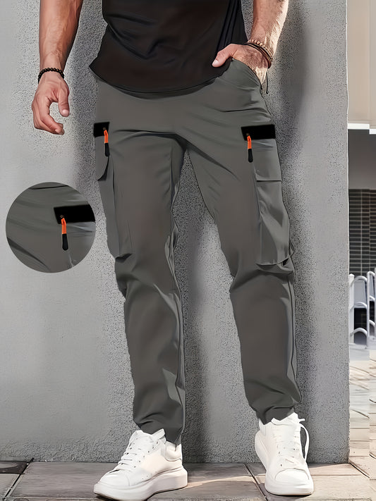 1pc Men'S Casual Cargo Pants, 100% Polyester Solid Color, Elastic Waist, Non-Stretch, Multi-Pocket Design, Regular Length, Woven, Loose Fit for Spring/Fall - Fashionable Utility Trousers - ayq