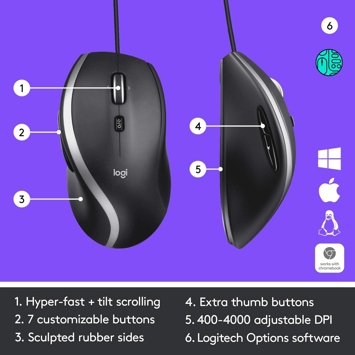 Logitech M500S Advanced Corded Mouse with Advanced Hyper-Fast Scrolling & Tilt, Customizable Buttons, High Precision Tracking with DPI Switch, USB Plug & Play