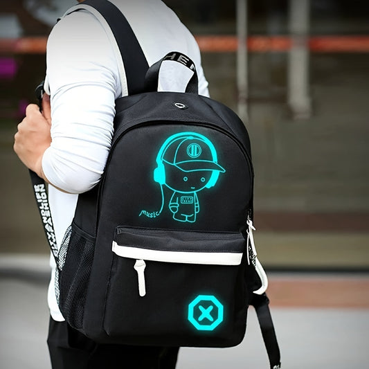 Glow-in-the-Dark Men's Backpack - Stylish & Lightweight, Large Capacity Oxford Fabric Daypack with USB Charging Port for Daily Commute, Campus, Cartoon, High School - Ayq