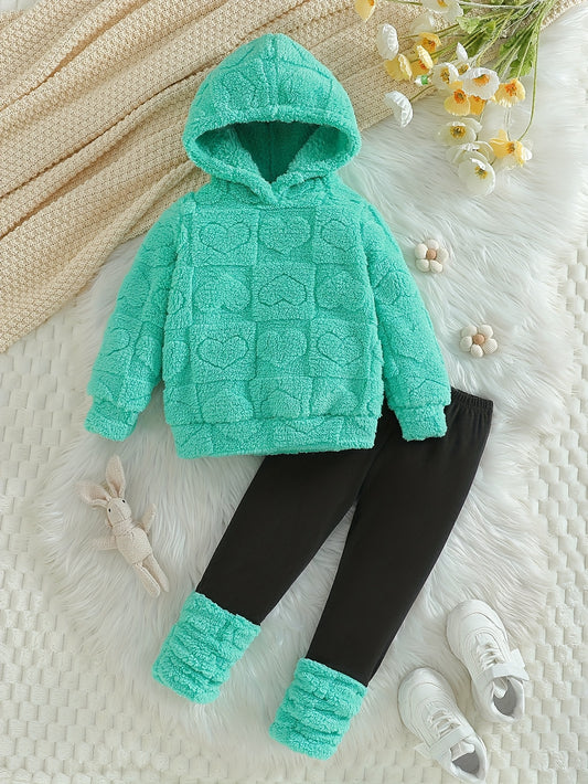 ' Cozy Fleece Hooded Sweatshirt & Pants Set - Warm Winter Outfit with Heart Pattern, Long Sleeve Pullover & Matching Pants, Perfect for Outdoor Play, Casual Style, Regular Fit, Winter Clothes for , Playful Design, Soft Textur