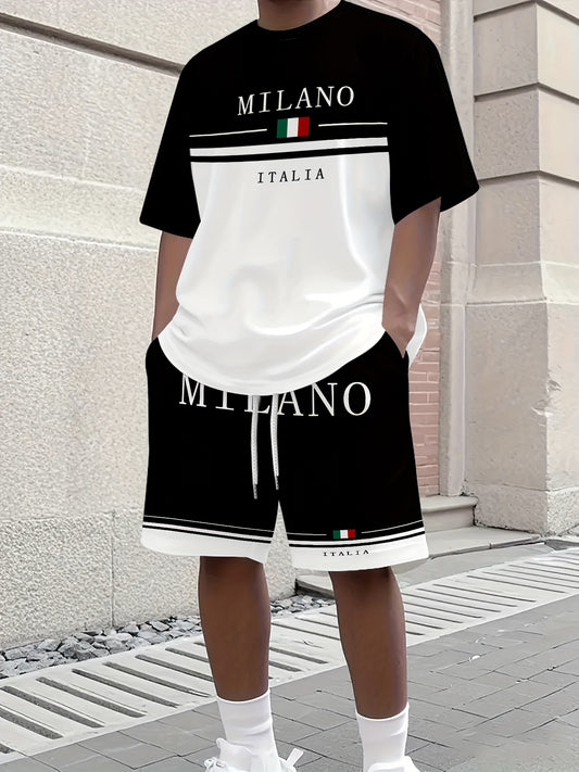 Տղամարդու առօրյա «Միլանո Իտալիա» գրաֆիկական մարզաշապիկի և շորտերի հավաքածու - սև և սպիտակ, շնչող ամառային հագուստ՝ լարերով գոտկատեղի համար, հարմարավետ առօրյա հագուստի համար, իտալական ոգեշնչմամբ դիզայն | ձգվող գործվածք