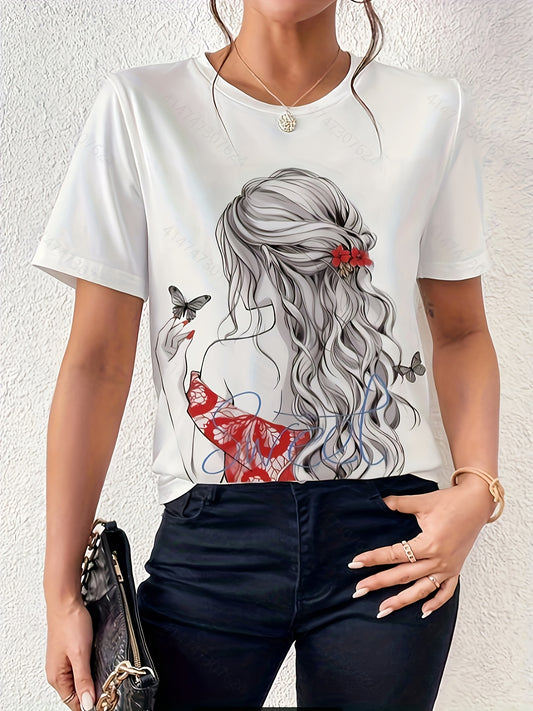 Կանացի ամառային առօրյա մարզաշապիկ վառ ծաղկային նախշերով, կարճ թևքերով կլոր վզով մարզաշապիկ, թեթև պոլիեսթերային գործվածք, սև տաբատ և աքսեսուարներ, թիթեռի նախշերով, թիթեռի վերնաշապիկ