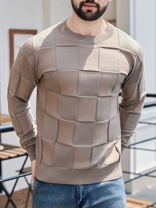 Men'S Round Neck Casual Solid Color Sweater with Textured Geometric Patterns, New Trendy Long-Sleeve Pullover for Autumn And Winter