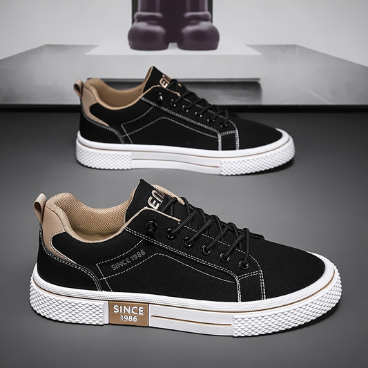 Men's Casual Low-Top Sneakers - Breathable Fabric  Durable PVC Sole, Black  Beige Contrast Design, Lace-Up Round Toe for All-Season Comfort, Versatile for Casual  Semi-Formal Wear, Comfortable Footwear, Fabric Upper