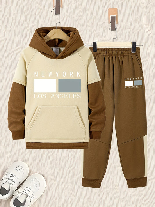 2pcs Boys' Oversized Hooded Sweatsuit & Jogger Pants Set with Letter Print - Beige & Brown Casual Winter Outfits, Thick Warm Fabric, Machine Washable, Pockets, Elastic Waist & Cuffed Hem for Play & Casual Attire - Ideal for L