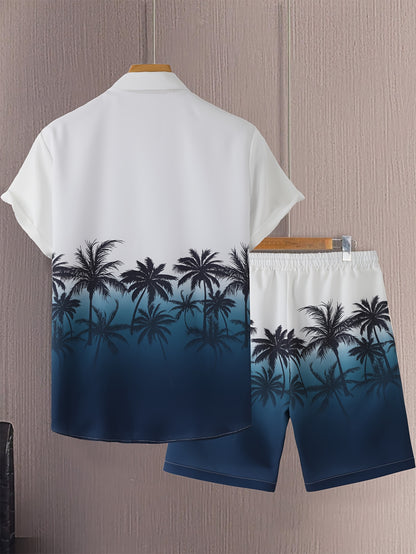 Men'S Casual Gradient Coconut Tree Short Sleeve Shirt + Shorts 2pcs Set - Tropical Palm Print, Button-Up Collared Design, Lightweight Polyester Blend for Spring/Summer Outings, Summer Outfit | Tropical Print | Lightweight Fab
