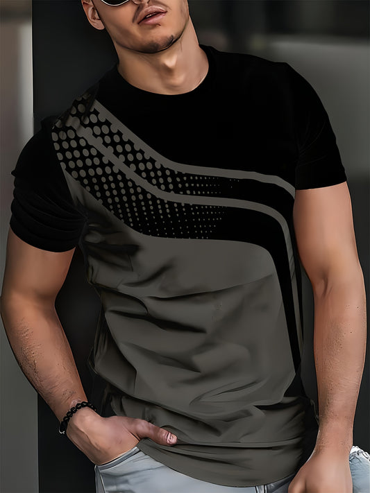 Men'S Stylish Black  Gray Striped T-Shirt - Soft Polyester Fabric, 3D Digital Print Design, Casual Crew Neck, Short Sleeve, Perfect for Summer, Everyday Comfort Tee   Modern Casualwear   Comfortable Fit