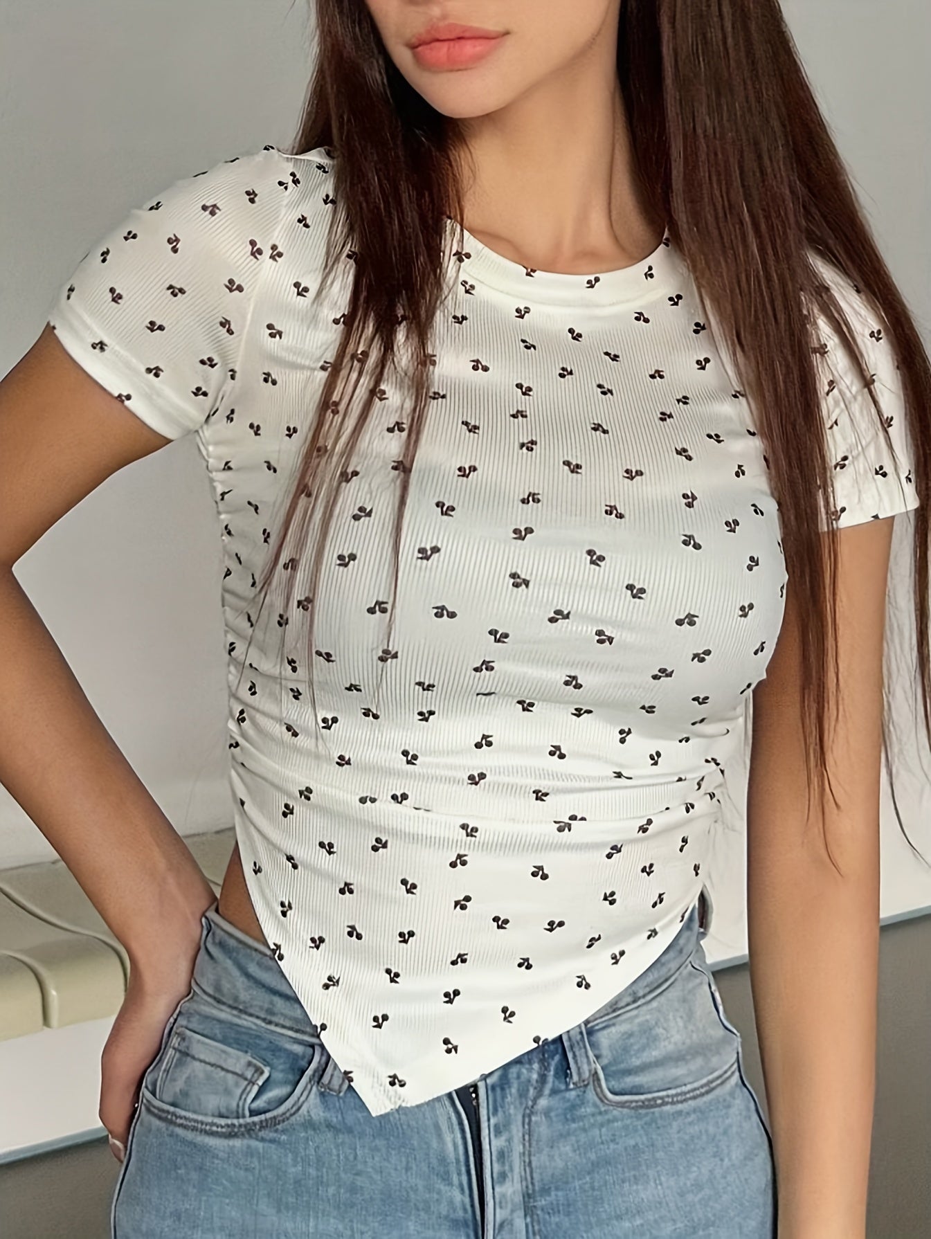 Women's Fruit and Vegetable Print Short Sleeve T-Shirt, Round Neck, Polyester Spandex Blend, Machine Washable - All Seasons - ayq