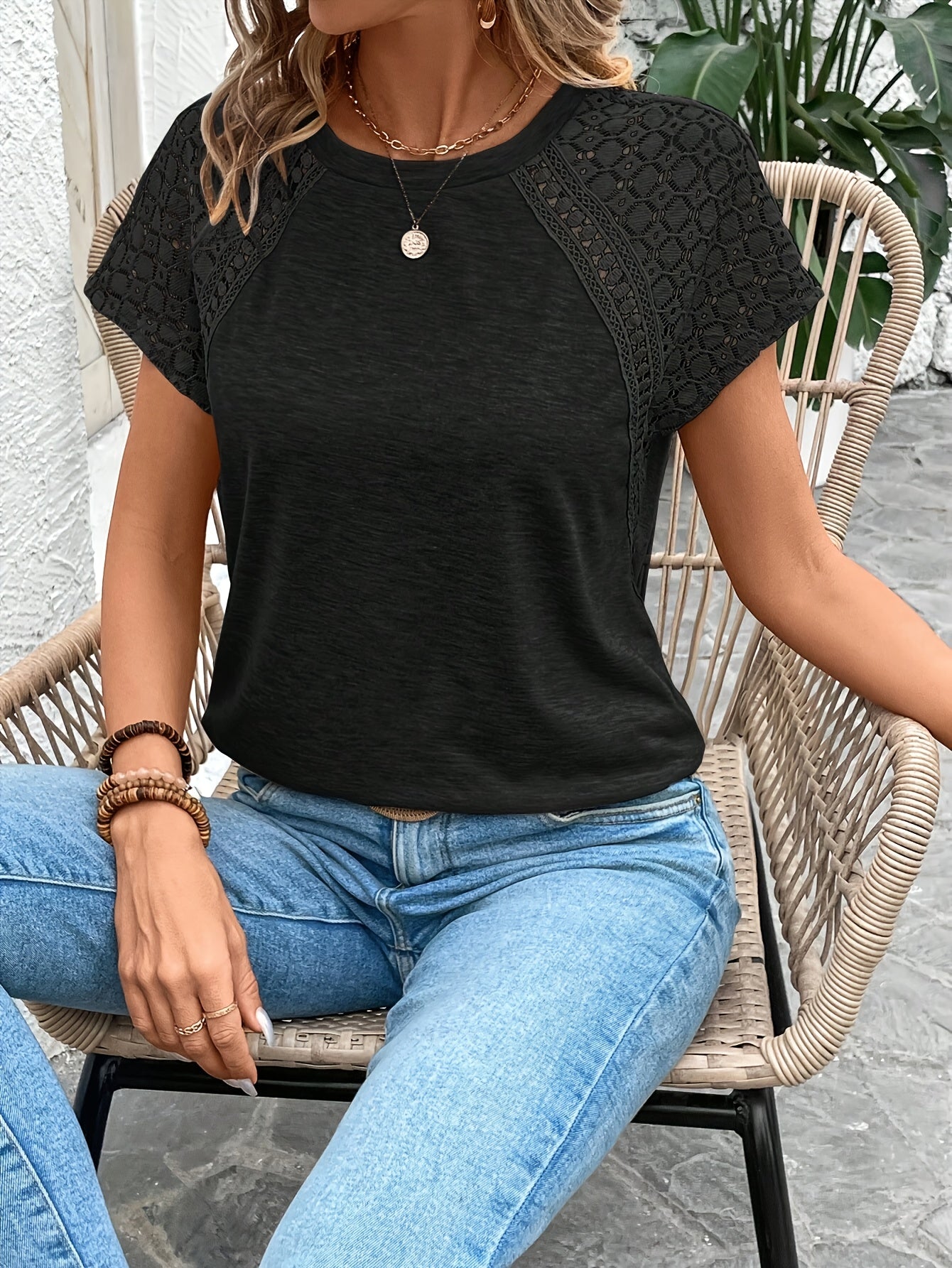 Women's Elegant Lace Sleeve T-Shirt - 100% Polyester, Machine Washable, Solid Color, Spring Summer Fall Casual Top, Versatile for Everyday & Special Occasions, Ladies T Shirts, Sophisticated Casual Wear, Polished Texture Fabr