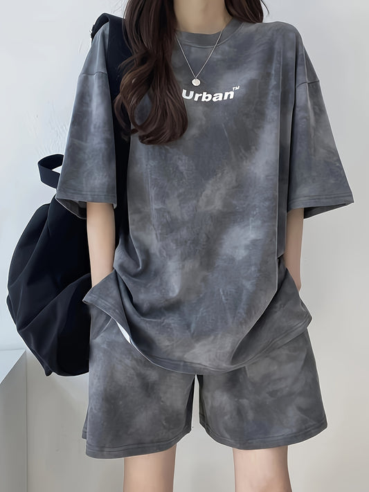 Women's Tie-Dye Letter Print Casual Sportswear Set - Comfortable Loose Short Sleeve Top & Shorts, Polyester/Spandex Blend, Machine Washable, Ideal for Home or Outdoor Activities