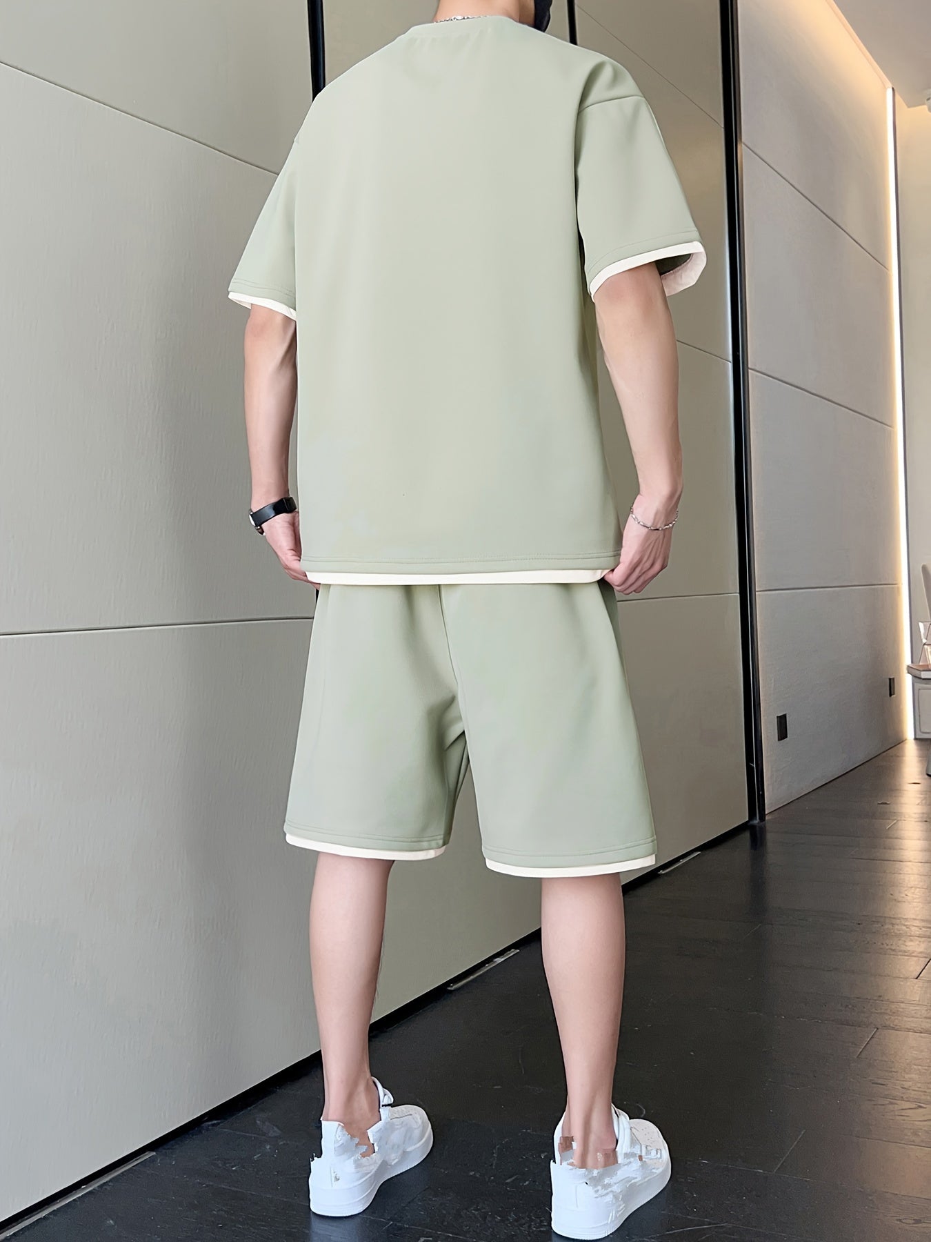 Men's Casual Fashion Sportswear Set - Light Gray "DREAMS" Print T-Shirt & Shorts, 100% Polyester, Machine Washable, Summer Outfit - ayq