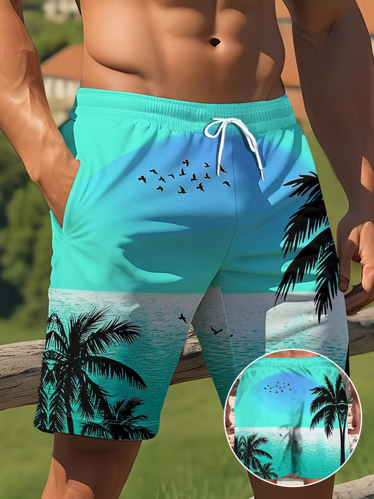 Beach Coconut Trees Digital Print Men's Shorts With Drawstring And Pockets, Chic And Trendy Shorts For Summer Outdoors And Sports Wear
