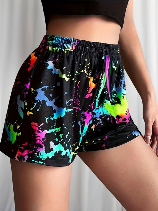 Patchwork Print Elastic Waist Shorts, Casual Skinny Shorts For Spring & Summer, Women's Clothing