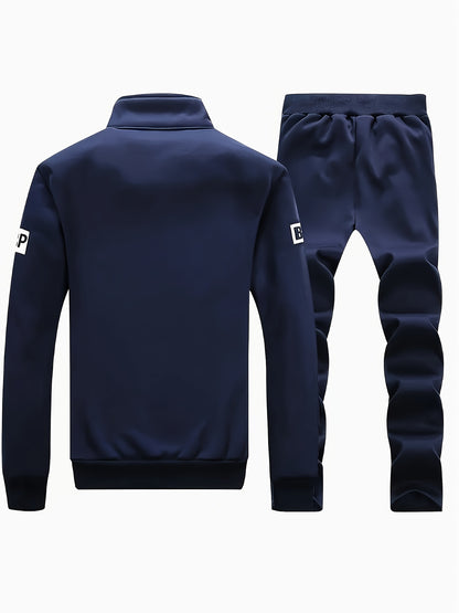 Տղամարդու մուգ կապույտ "Shan Yes" տպագրությամբ սպորտային հագուստ - ճարմանդով բաճկոն և գրպաններով մարզական տաբատ, ստանդարտ ֆիթ, գարնան և աշնան համար, հարմարավետ հանգստի հագուստ, հանգստի բաճկոն | սպորտային բաճկոն | ճարմանդով փակում, անհրաժեշտ բաճկոն