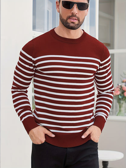 Գարնանային և աշնանային ամենօրյա երկգույն գծավոր տղամարդու սվիտեր-պուլովեր՝ գունավոր բլոկներով, կլոր վզնոցով, տղամարդու տրիկոտաժե վերնաշապիկ