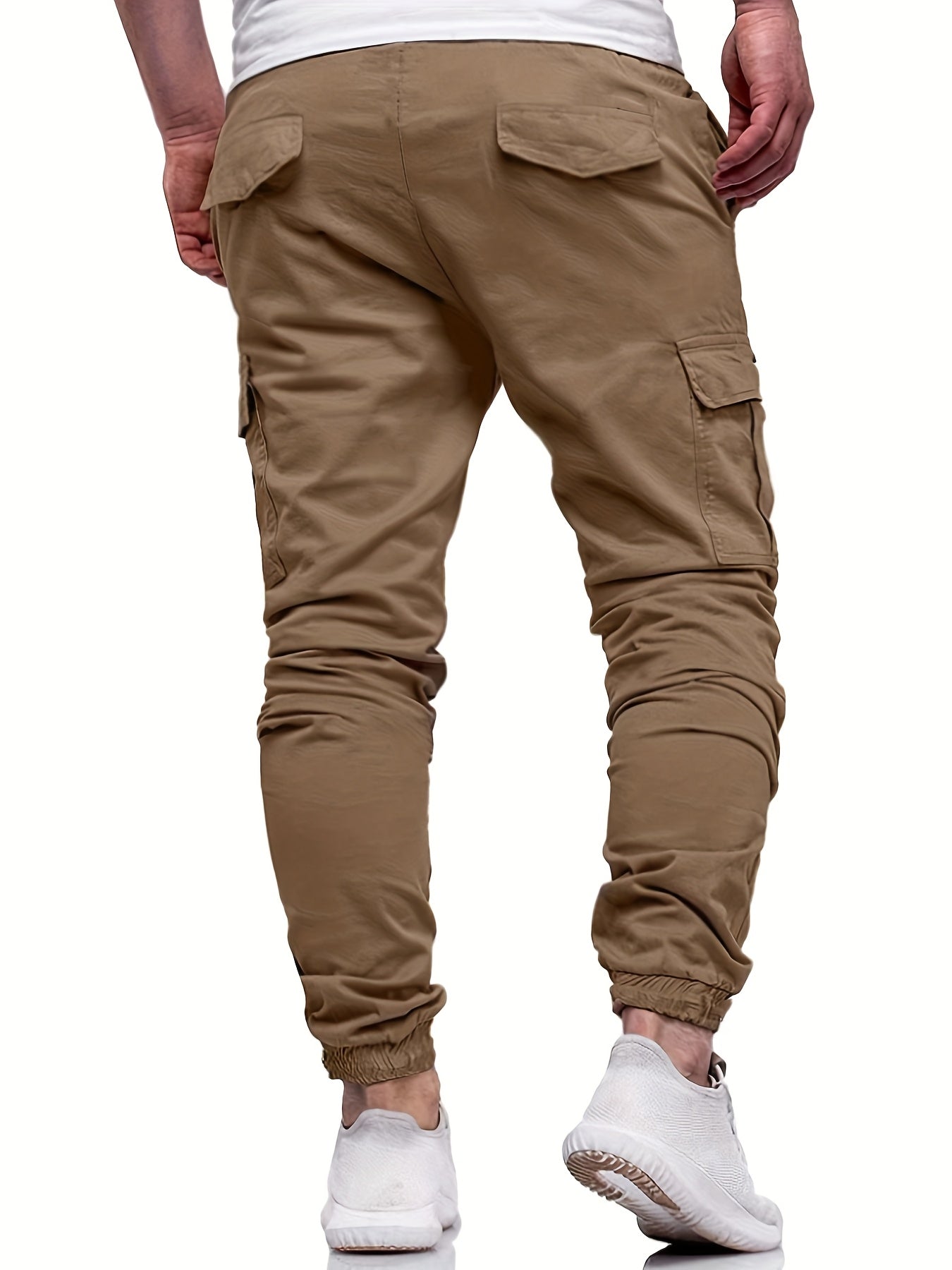 Men's Fashion, Regular Fit And Cuffed Solid Cargo Pants With Flap Pockets, Chic And Trendy Solid Drawstring Leisure Trousers For Daily Outerwear - ayq