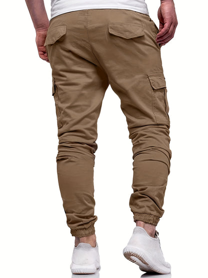Men's Fashion, Regular Fit And Cuffed Solid Cargo Pants With Flap Pockets, Chic And Trendy Solid Drawstring Leisure Trousers For Daily Outerwear - ayq