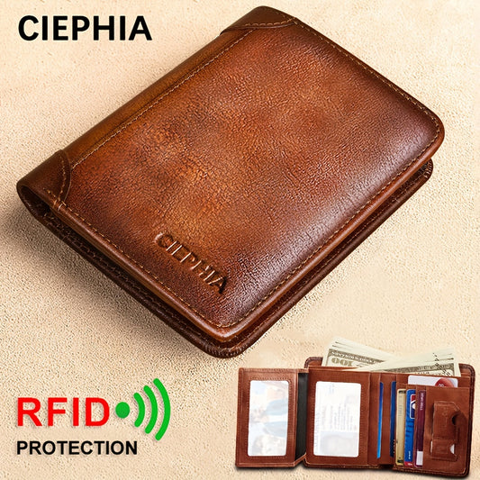1pc CIEPHIA Vintage Genuine Leather RFID Blocking Wallet for Men - Slim, Multi-Functional ID & Credit Card Holder, Deep Brown with Embossed Logo, Ideal Gift for Valentine's Day - Ayq