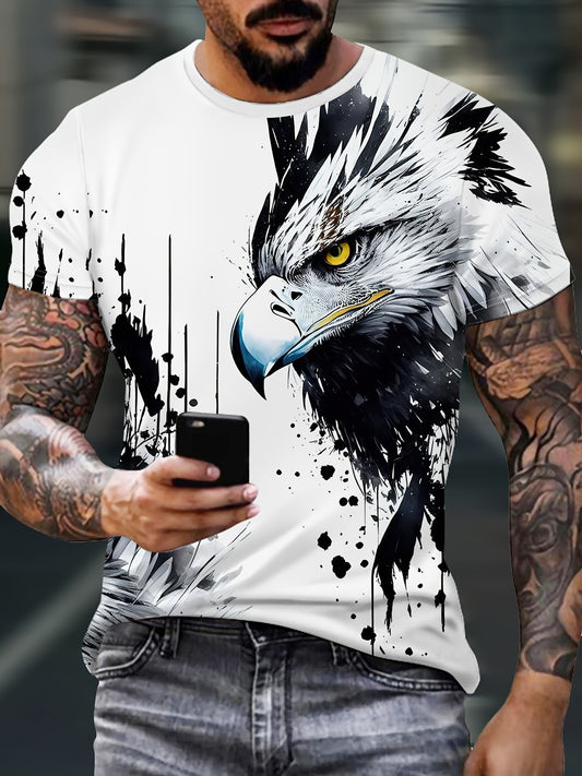 Men'S Graphic Design Round-Neck Sports T-Shirt Featuring an Ink Wash Eagle Print, Suitable for Casual Wear, Gym Workouts, And Running During The Summer.