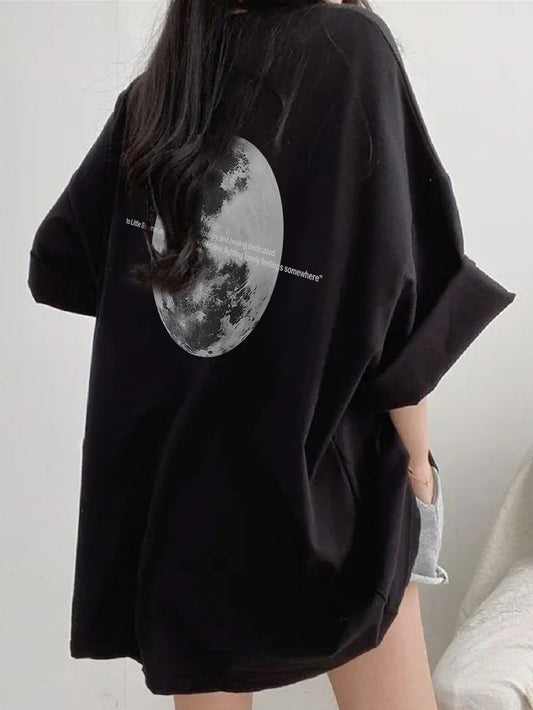 Vintage Style Women's T-Shirt, 100% Polyester Knit Fabric, Alphabet Moon Print, Loose Fit Short Sleeve Tee for Spring/Summer - ayq