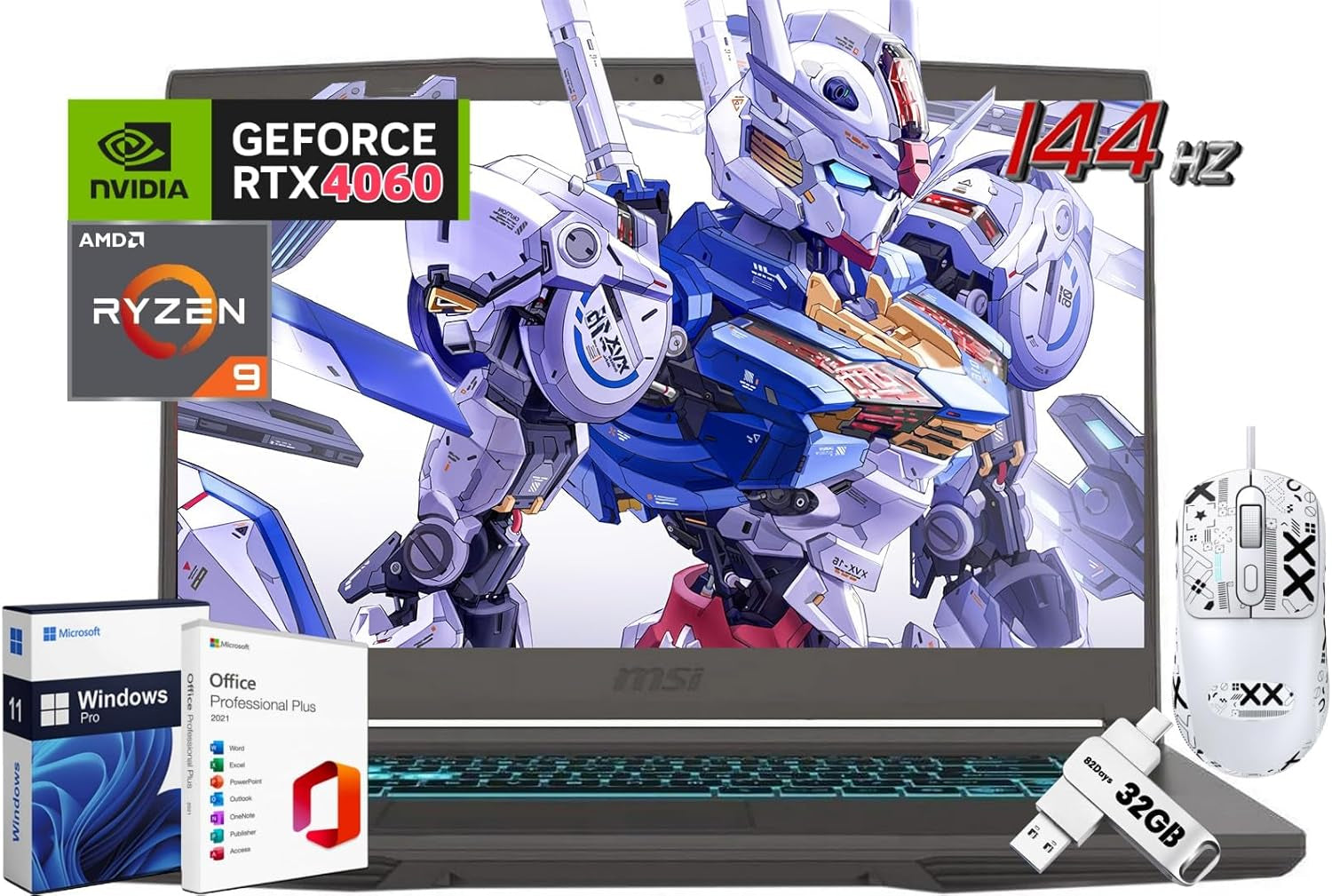 MSI Thin 15 Gaming Laptop, 15.6" 144 Hz IPS Display, AMD Ryzen 9 8945HS, NVIDIA RTX 4060 8GB GDDR6, 32 GB DDR5, 1 TB SSD, with Windows 11 Pro, Office Pro Lifetime License, Mouse, USB C Flash Drive
