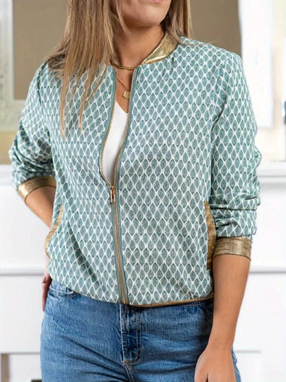 Կանացի էլեգանտ, նորաձև, ոսկեգույն եզրերով, երկար թևքերով, վանդակավոր բեյսբոլի բաճկոն