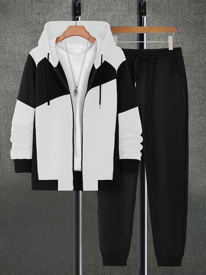 Տղամարդու աշնանային գունային համադրություններով, կայծակաճարմանդով վերնաշապիկ՝ կողային գրպաններով և միագույն երկար տաբատի լարով հավաքածու։