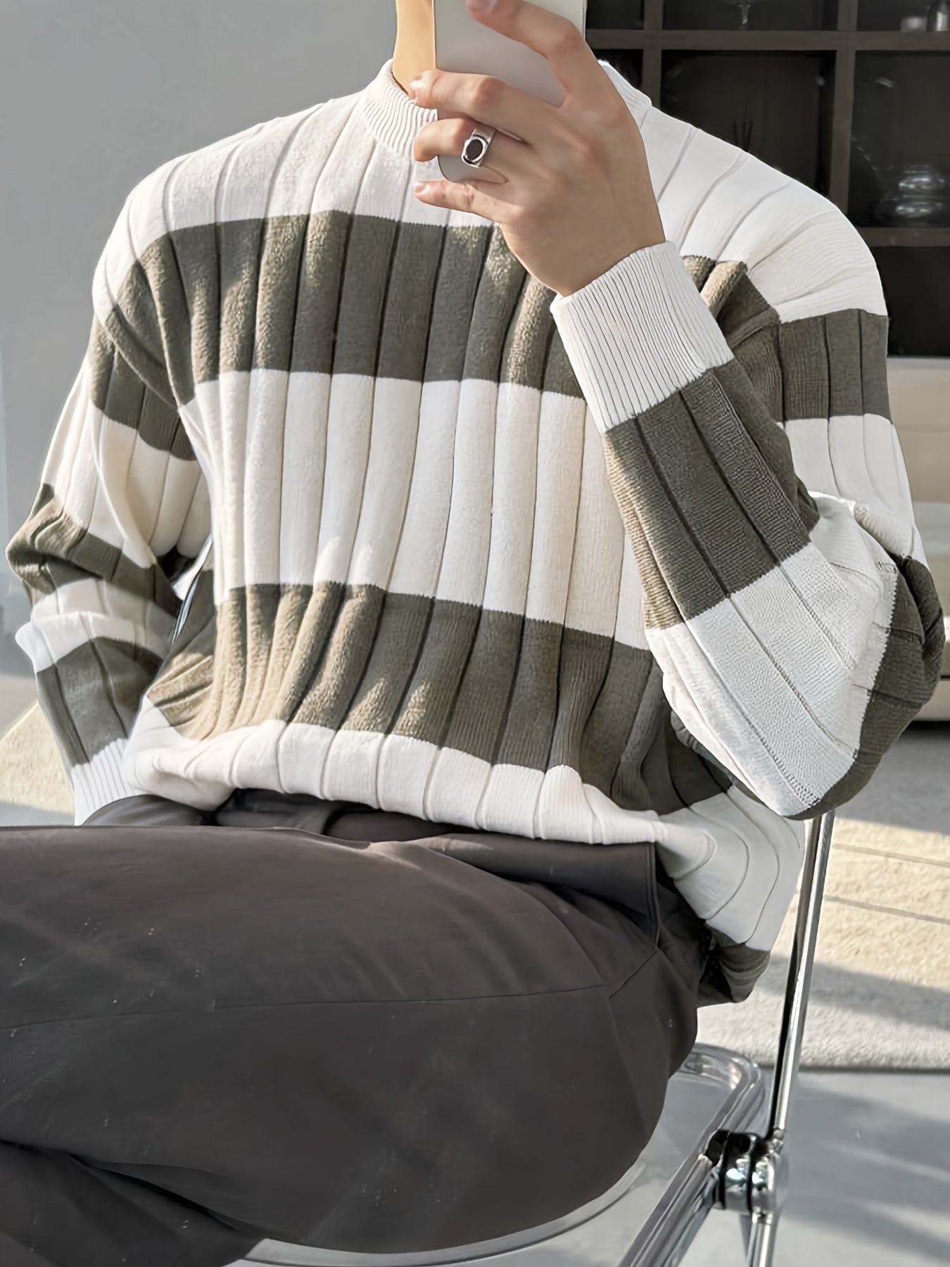 Men'S Stylish Striped Knit Pullover Sweater - Casual Round Neck, Suitable for Wearing in Spring, Autumn, And Winter