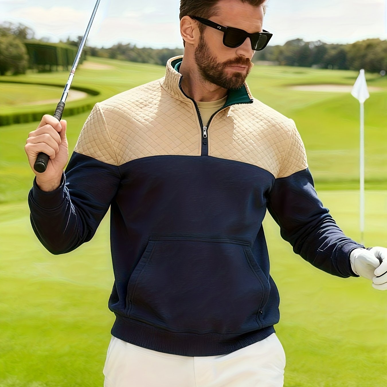 Տղամարդու աշնանային և ձմեռային կիսաճտքավոր սպորտային սվիտեր՝ հարմար մարզումների, վազքի և ֆիթնեսի համար, ոճային և հարմարավետ դիզայնով, փոքր վանդակավոր կանգնած օձիքով և հասանելի է մեծ չափսերով։